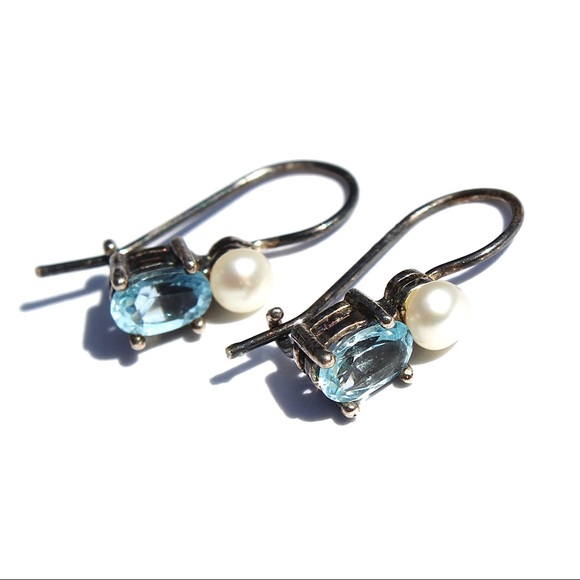 Vintage Pearl Blue Topaz Sterling Silver Earrings - Picture 2 of 6
